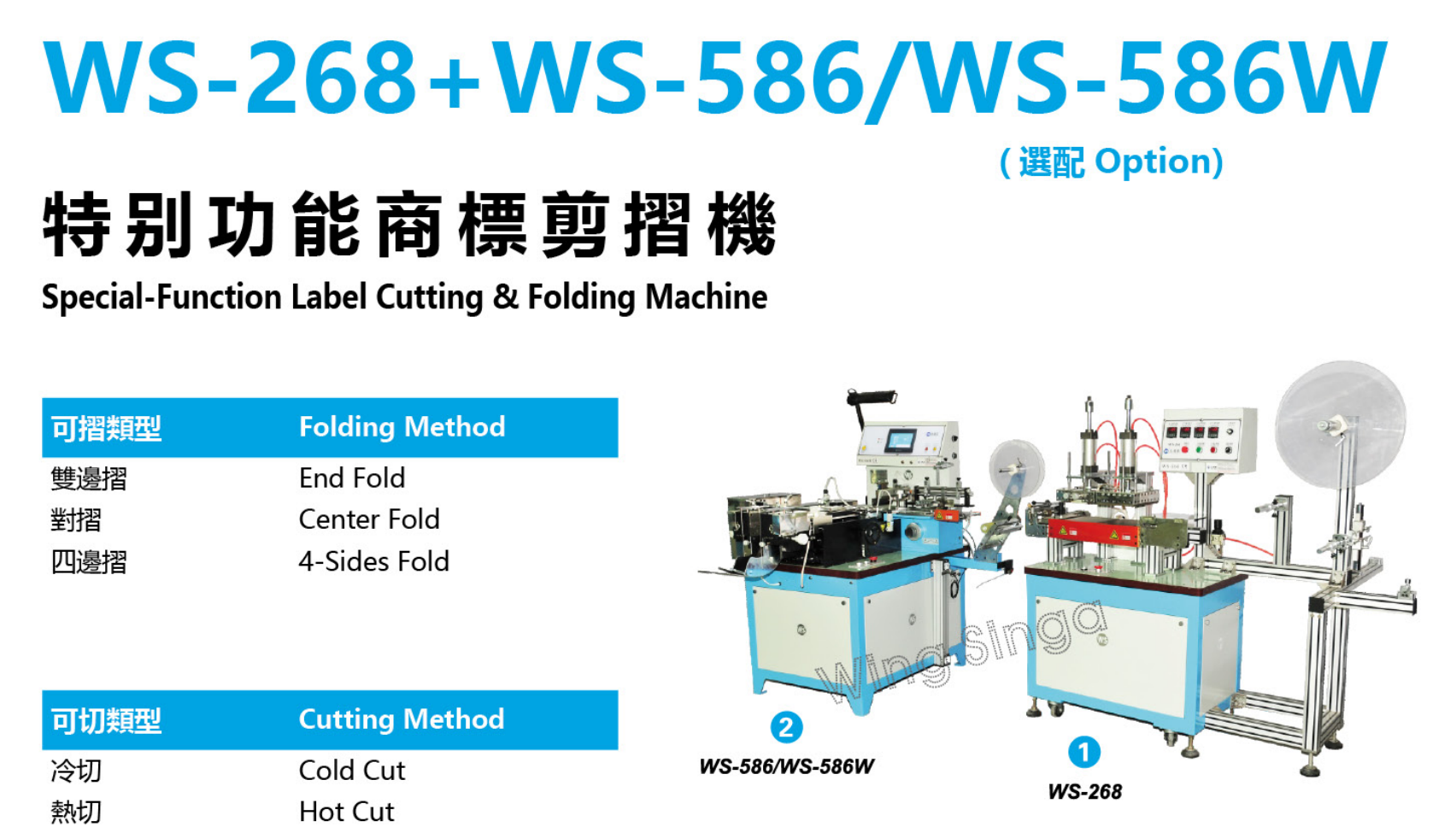 HY-268 and HY-586 series label cutting and folding machine technical specifications chart detailing speed, power, and dimensions