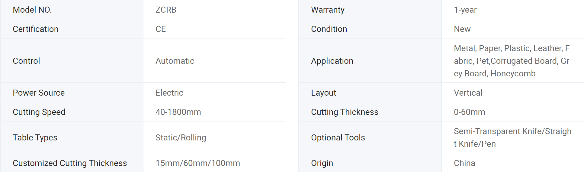 Detailed technical specifications chart for the ZCRB dual blade digital cutting machine showing dimensions and power requirements